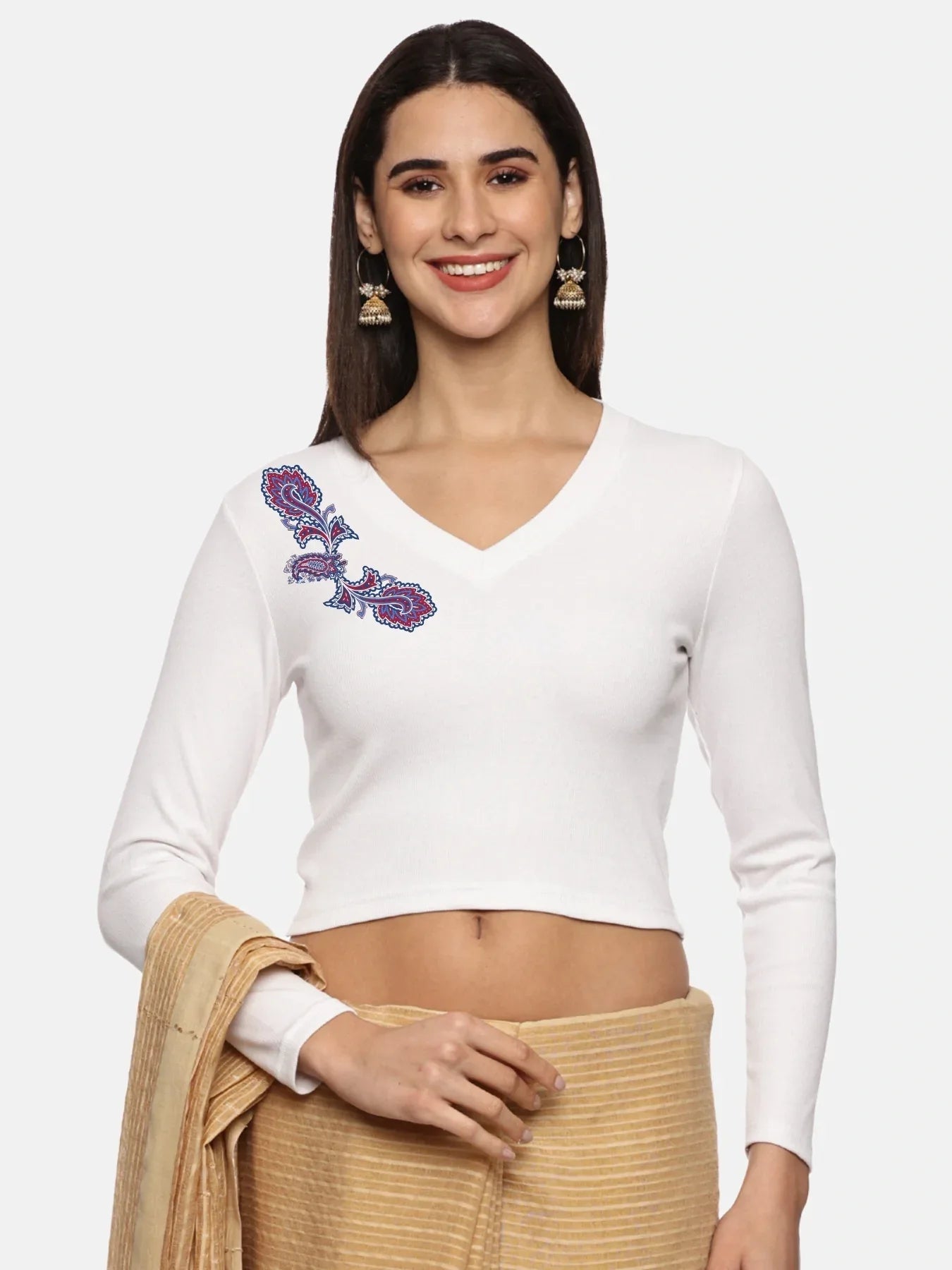 Women Back Printed Stretchable Full Sleeve V Neck RIB Blouse U0217 - notyetbyus