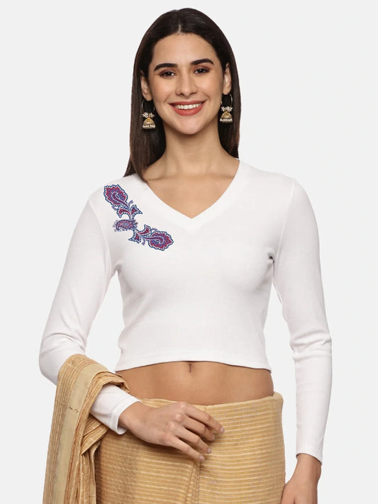 Women Back Printed Stretchable Full Sleeve V Neck RIB Blouse U0217 - notyetbyus