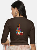 Women Back Printed Stretchable Elbow Sleeve RIB Blouse U0172 Coffee Brown