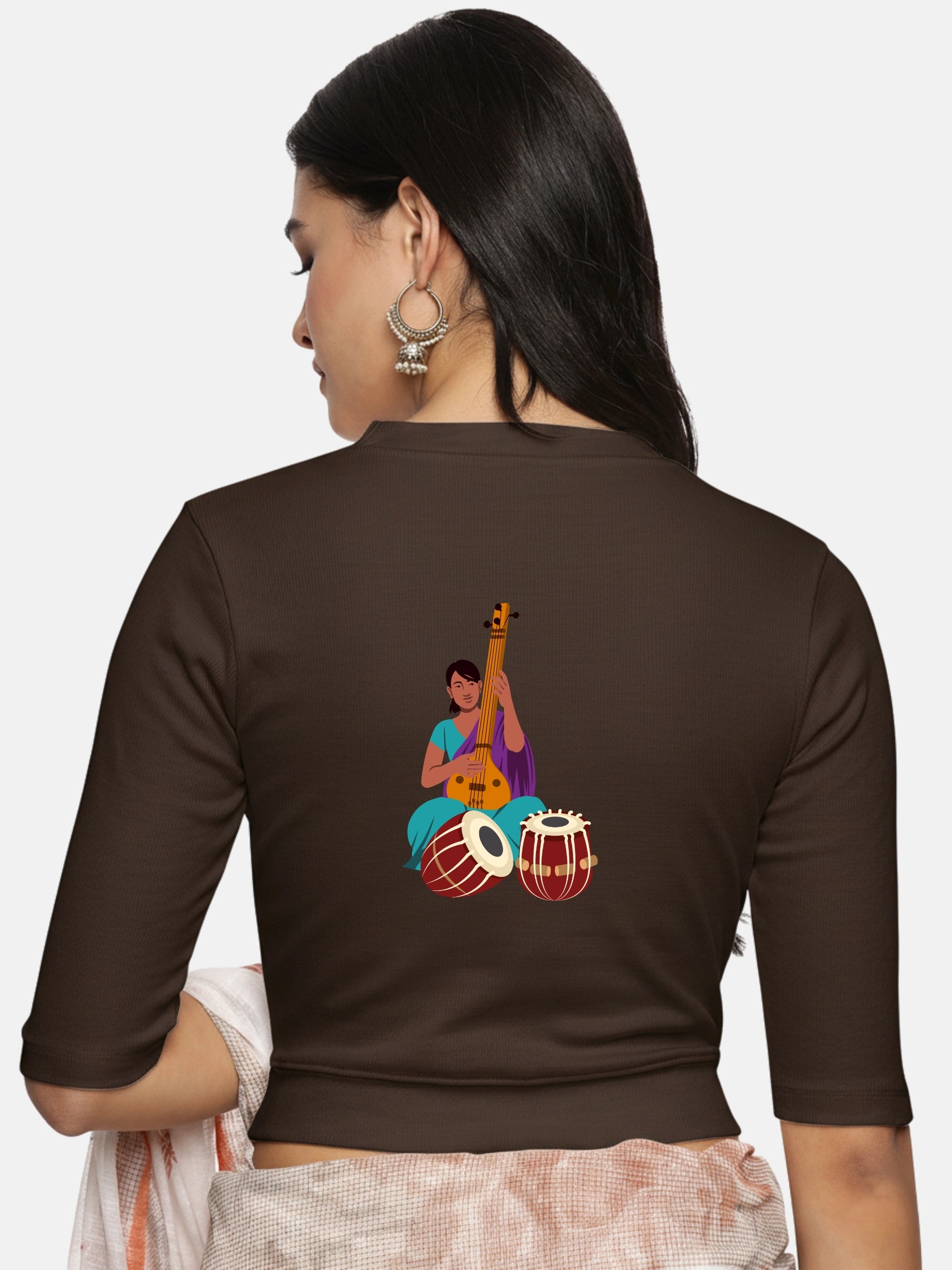 Women Back Printed Stretchable Elbow Sleeve RIB Blouse U0172 - notyetbyus