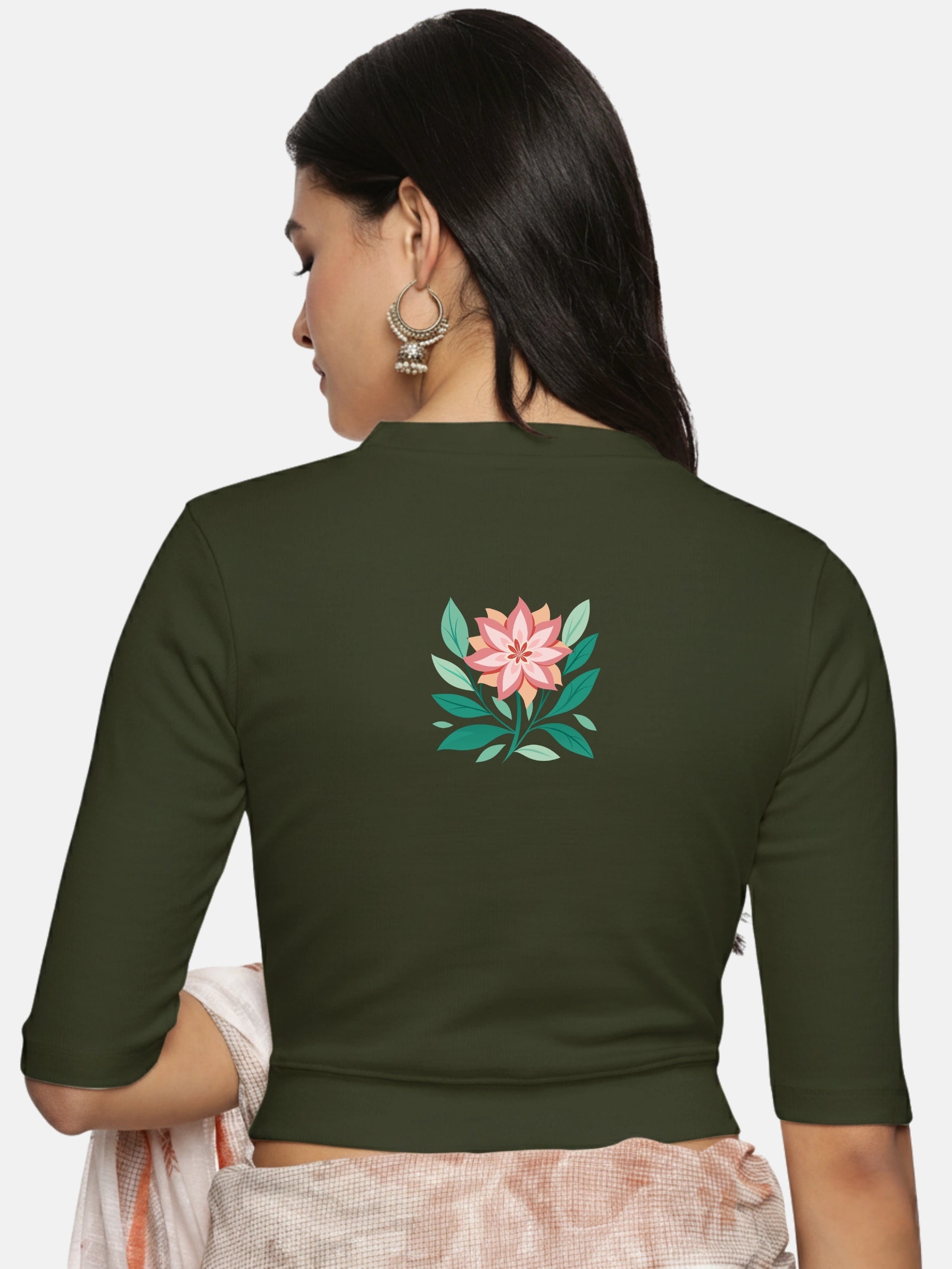 Women Back Printed Stretchable Elbow Sleeve RIB Blouse U0155 - notyetbyus