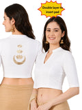 Women Mandarin Collar Back Gold Printed Stretchable Elbow Sleeve Blouse M0283 White