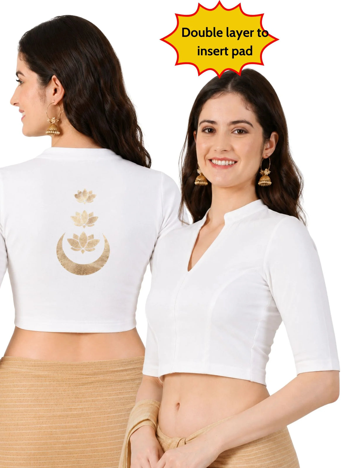 Women Mandarin Collar Back Gold Printed Stretchable Elbow Sleeve Blouse M0283 White
