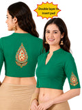 Women Mandarin Collar Back Printed Stretchable Elbow Sleeve Blouse U0279 Emerald Green