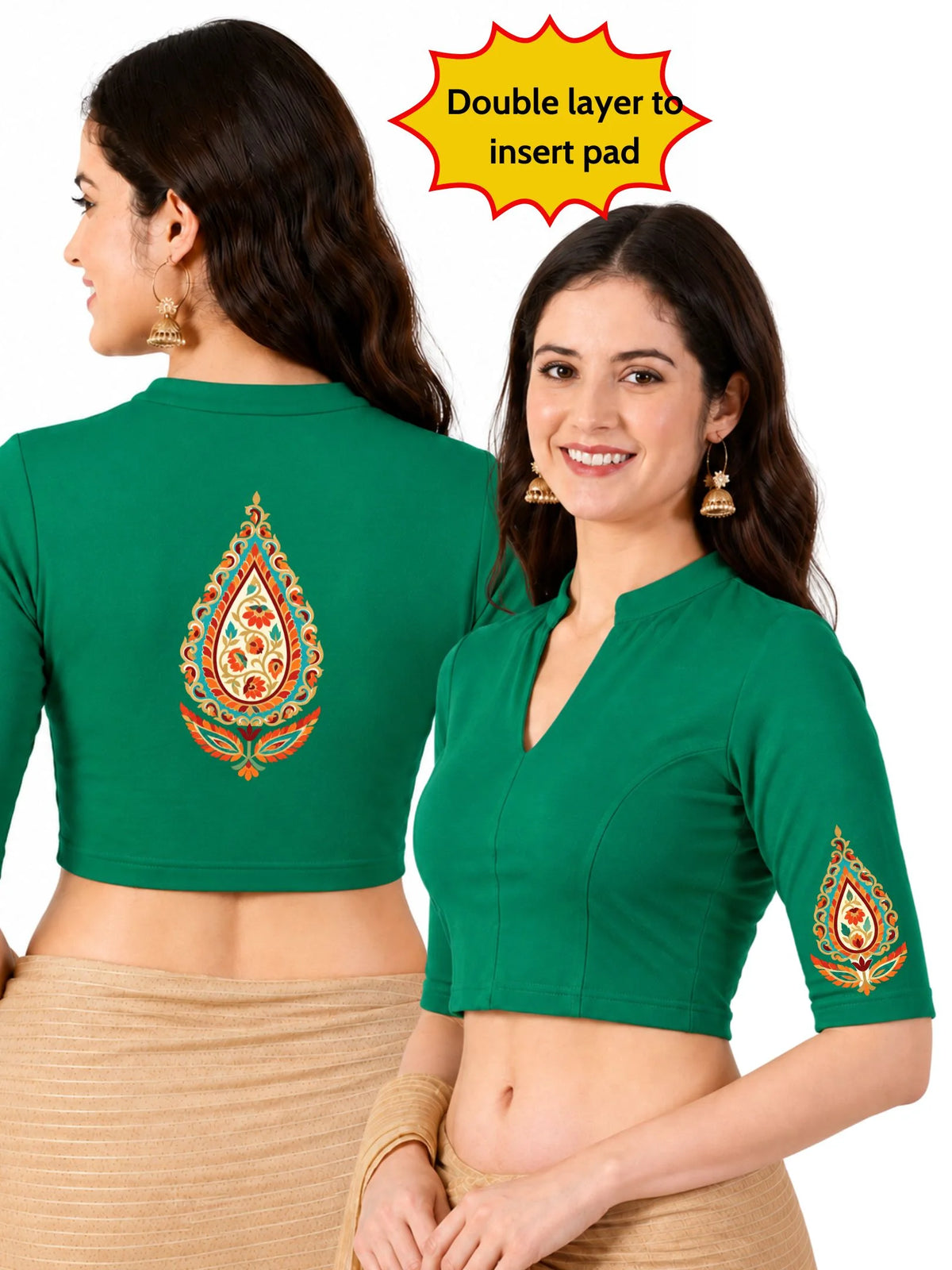 Women Mandarin Collar Back Printed Stretchable Elbow Sleeve Blouse U0279 Emerald Green