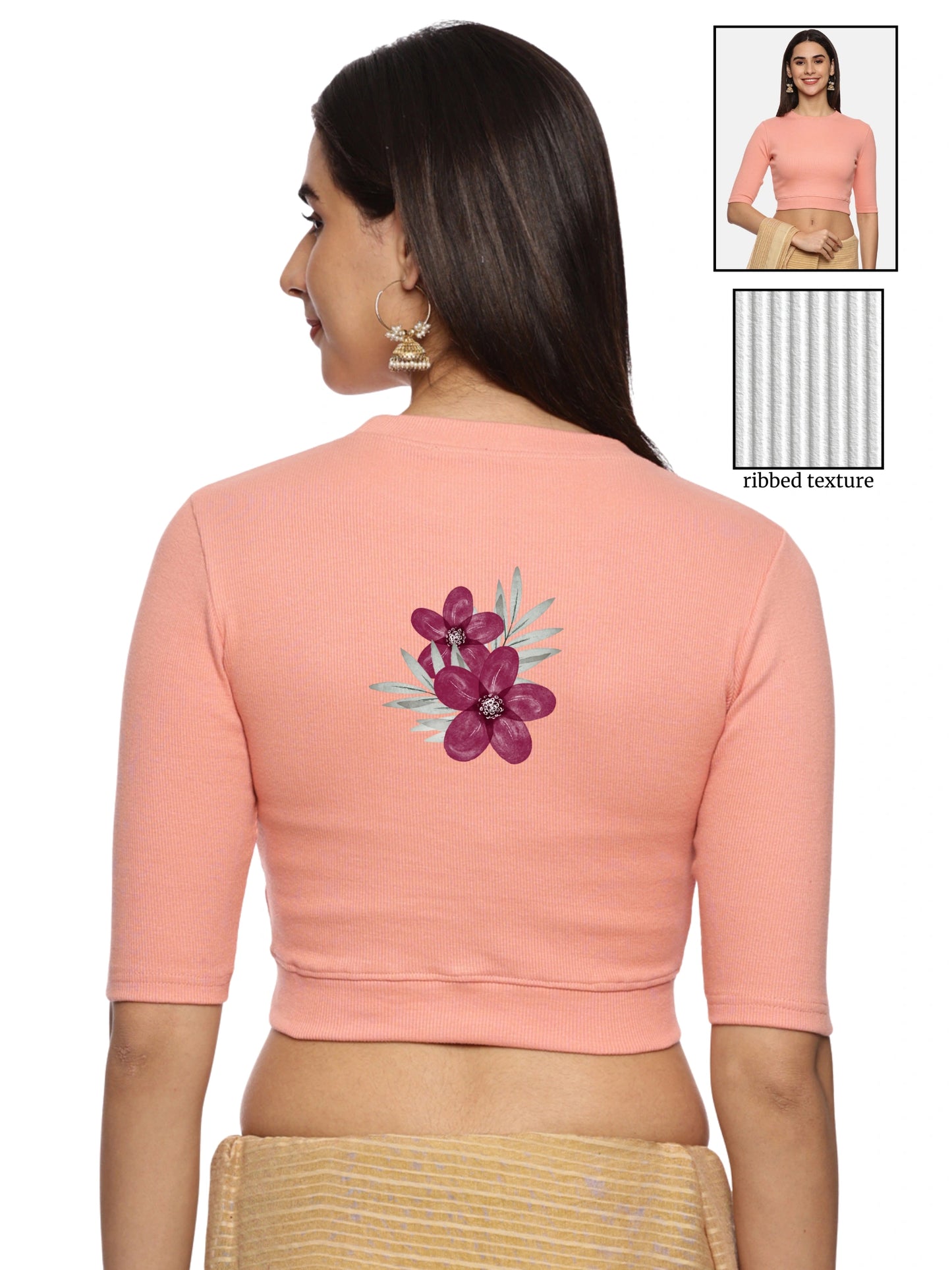 Women Back Printed Stretchable Elbow Sleeve RIB Blouse U0253 Peach