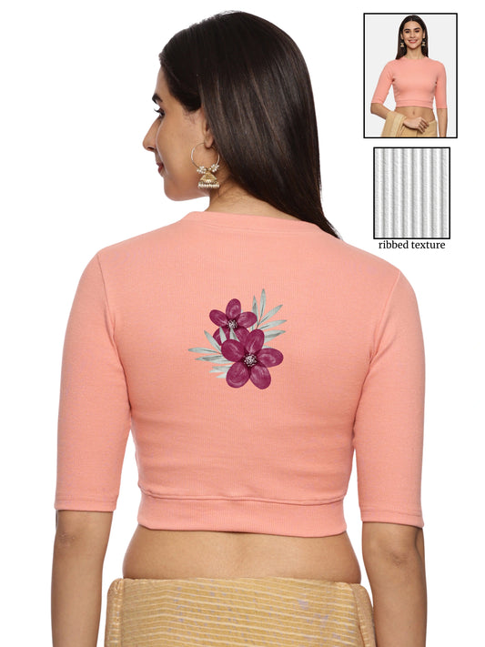 Women Back Printed Stretchable Elbow Sleeve RIB Blouse U0253 Peach