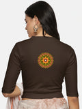 Women Back Printed Stretchable Elbow Sleeve RIB Blouse U0129R Coffee Brown