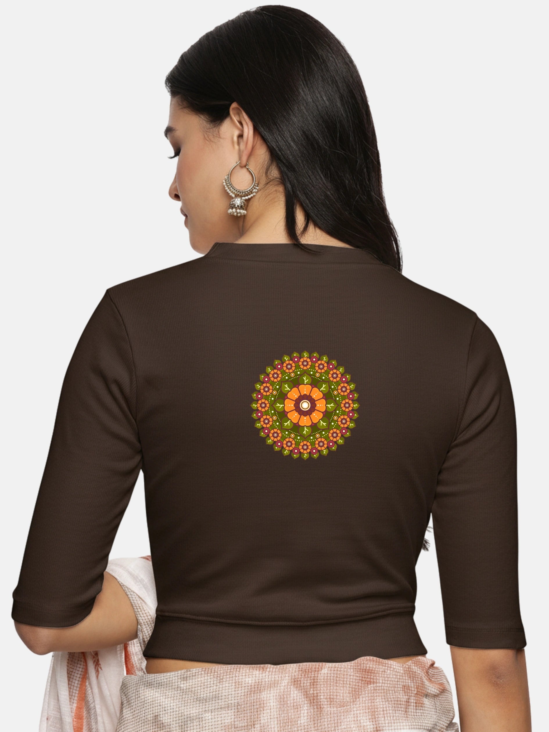 Women Back Printed Stretchable Elbow Sleeve RIB Blouse U0129R - notyetbyus