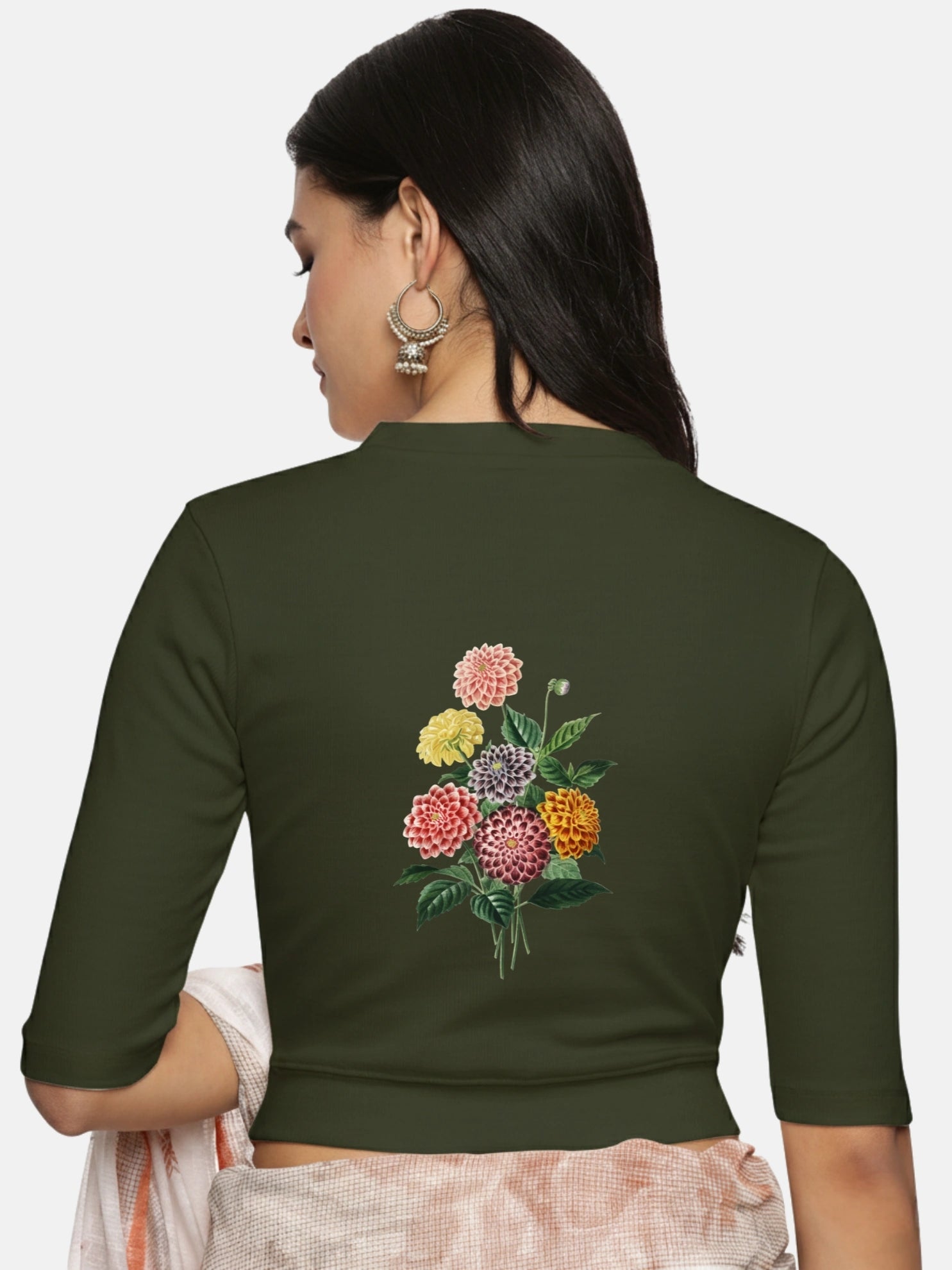 Women Back Printed Stretchable Elbow Sleeve RIB Blouse U0171 - notyetbyus