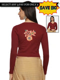 Women Back Printed Stretchable Full Sleeve V Neck RIB Blouse U0214 Maroon
