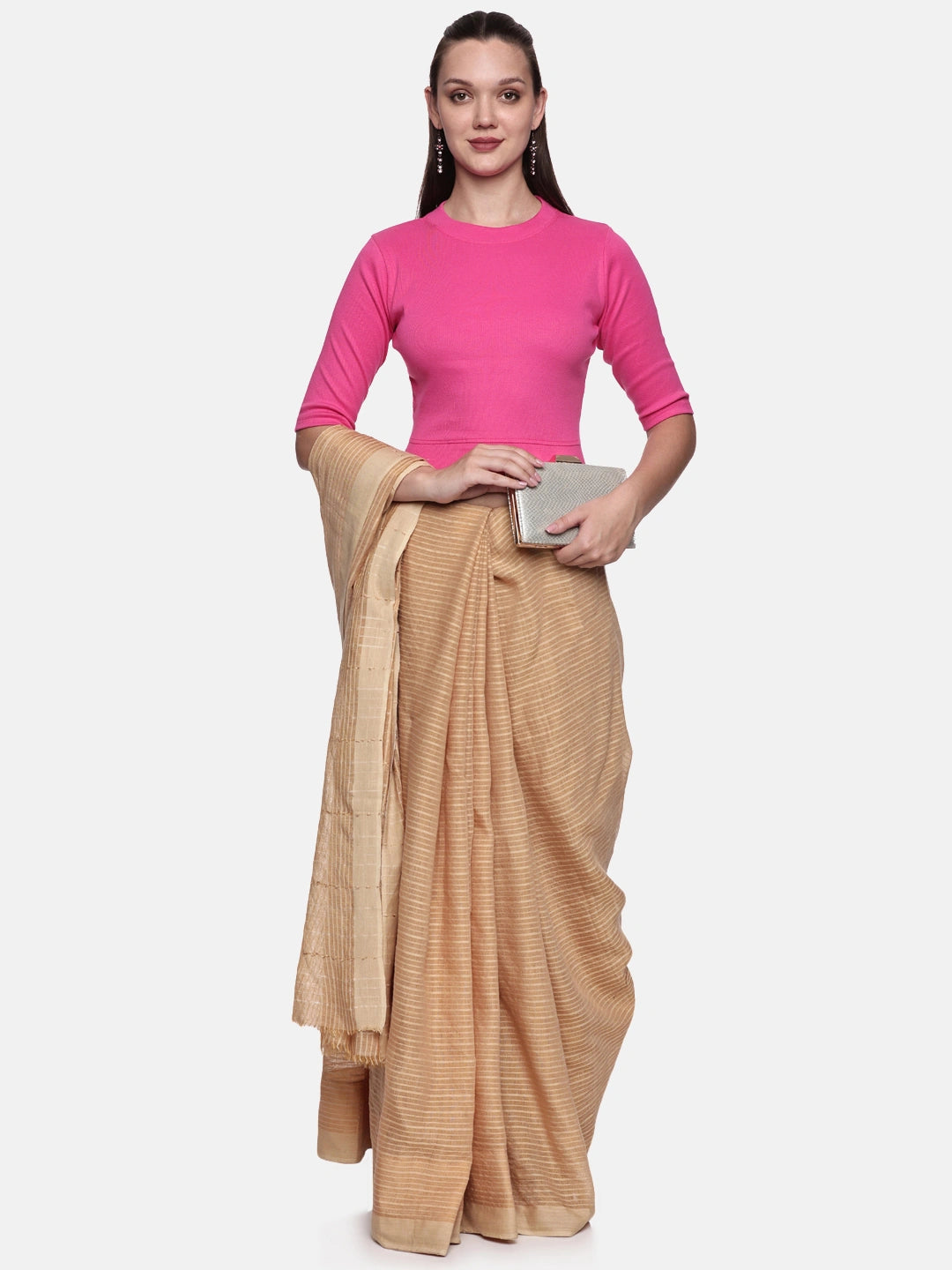 Women Plain Stretchable Elbow Sleeve RIB Blouse U0121 Bubble Gum Pink