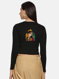 Women Back Printed Stretchable Full Sleeve V Neck RIB Blouse U0185 Black