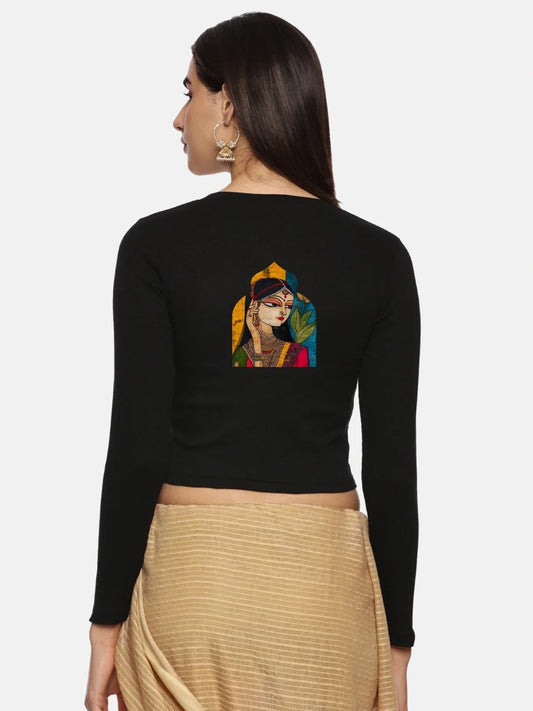 Women Back Printed Stretchable Full Sleeve V Neck RIB Blouse U0185 - notyetbyus