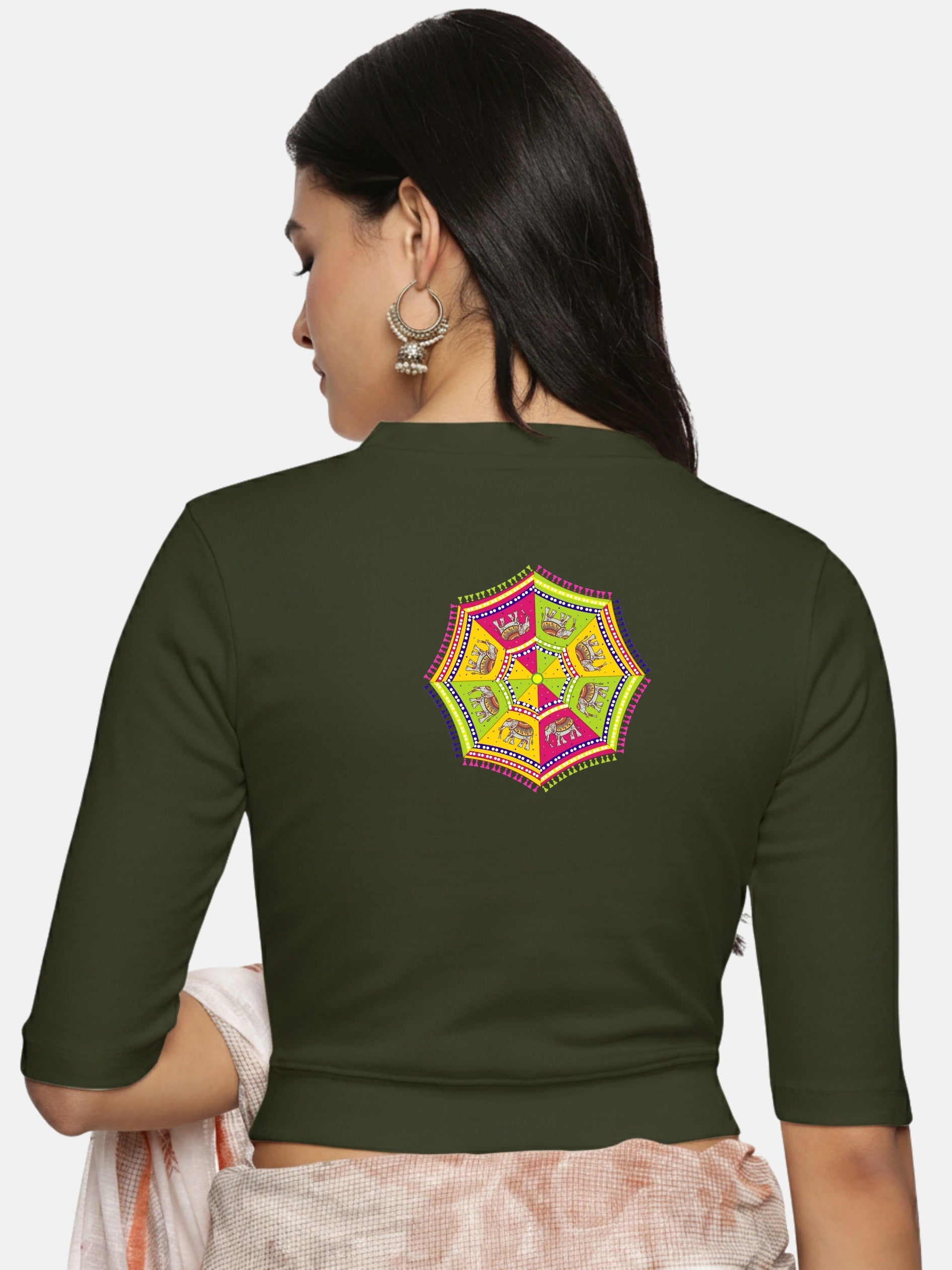 Women Back Printed Stretchable Elbow Sleeve RIB Blouse U0159 - notyetbyus