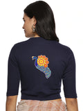 Women Back Printed Stretchable Elbow Sleeve RIB Blouse U0146 Navy