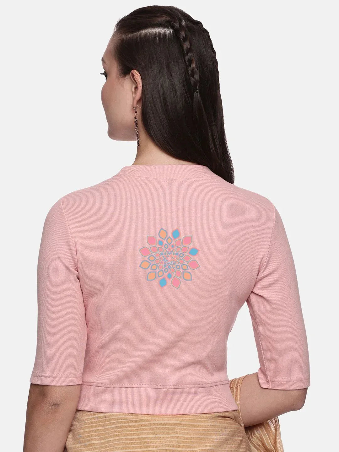 Women Back Printed Stretchable Elbow Sleeve RIB Blouse U0168 - notyetbyus