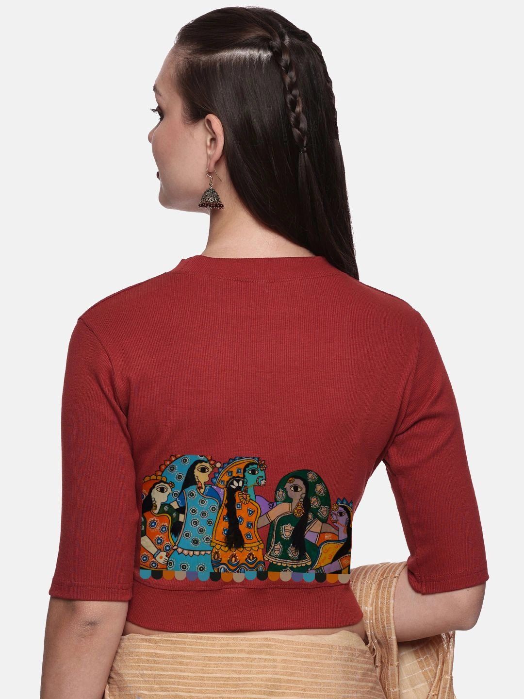 Women Back Printed Stretchable Elbow Sleeve RIB Blouse U0160