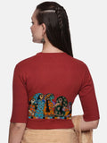 Women Back Printed Stretchable Elbow Sleeve RIB Blouse U0160 Terracotta Red