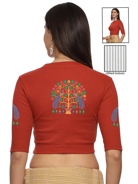Women Back Printed Stretchable Elbow Sleeve RIB Blouse U0254 Rust