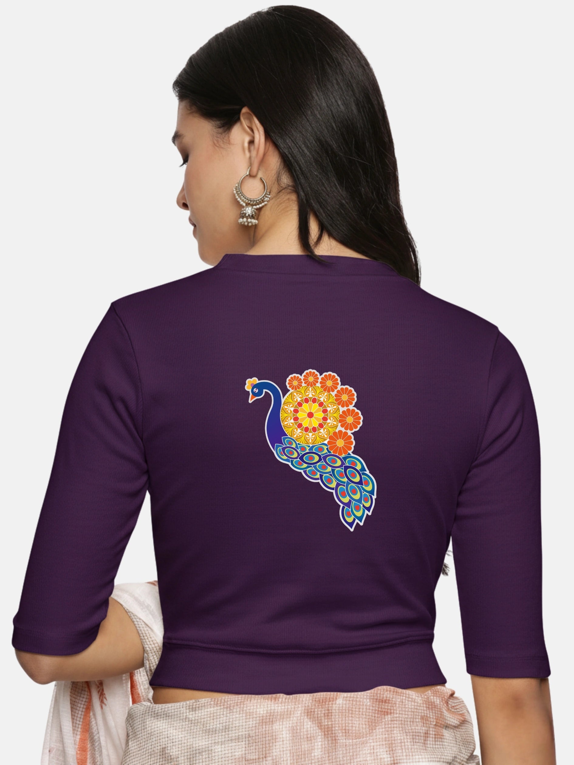 Women Back Printed Stretchable Elbow Sleeve RIB Blouse U0146 - notyetbyus