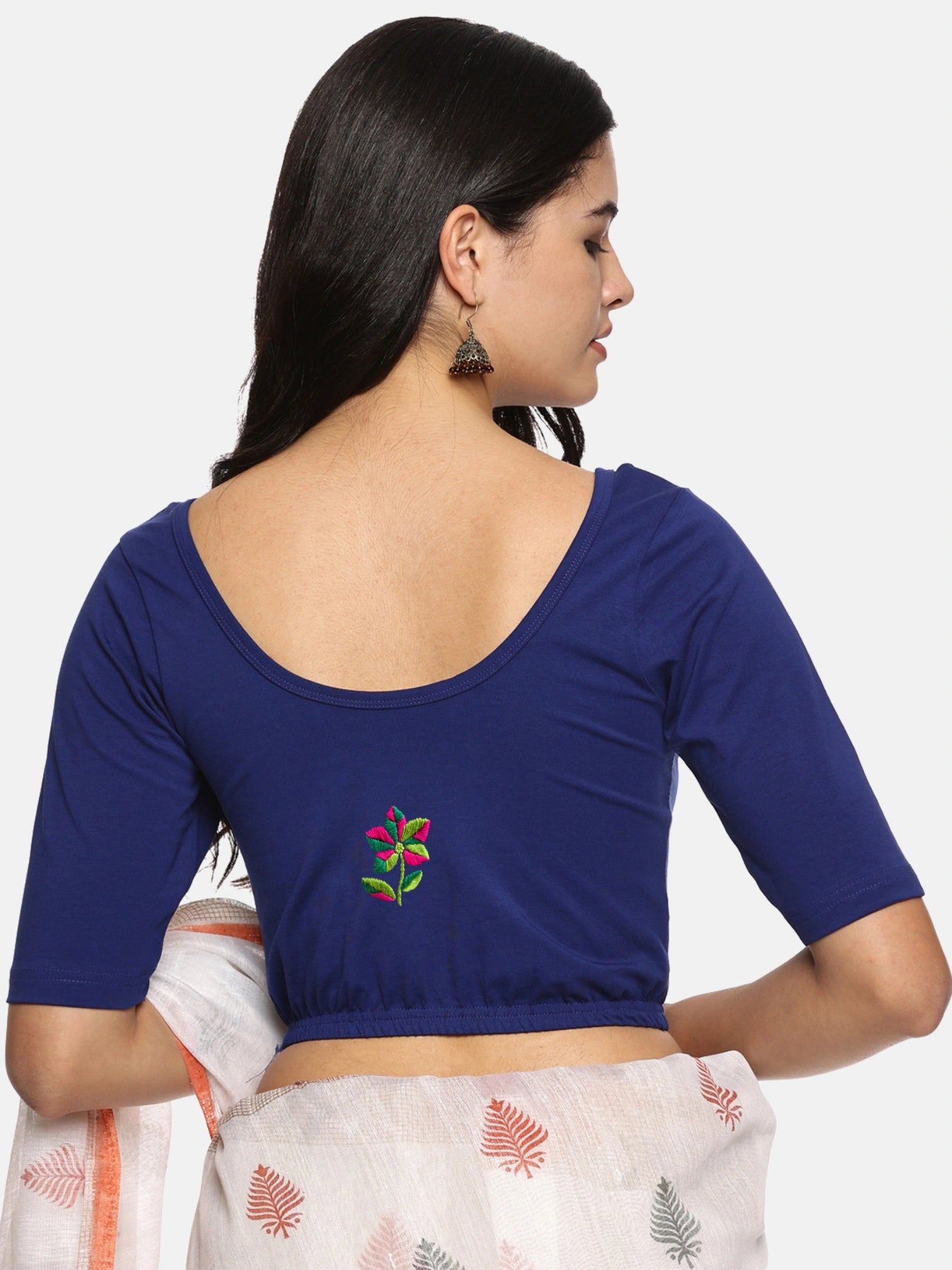 DIY Embroidery Kit with Women Stretchable Half Sleeve Blouse E03 –Royal Blue