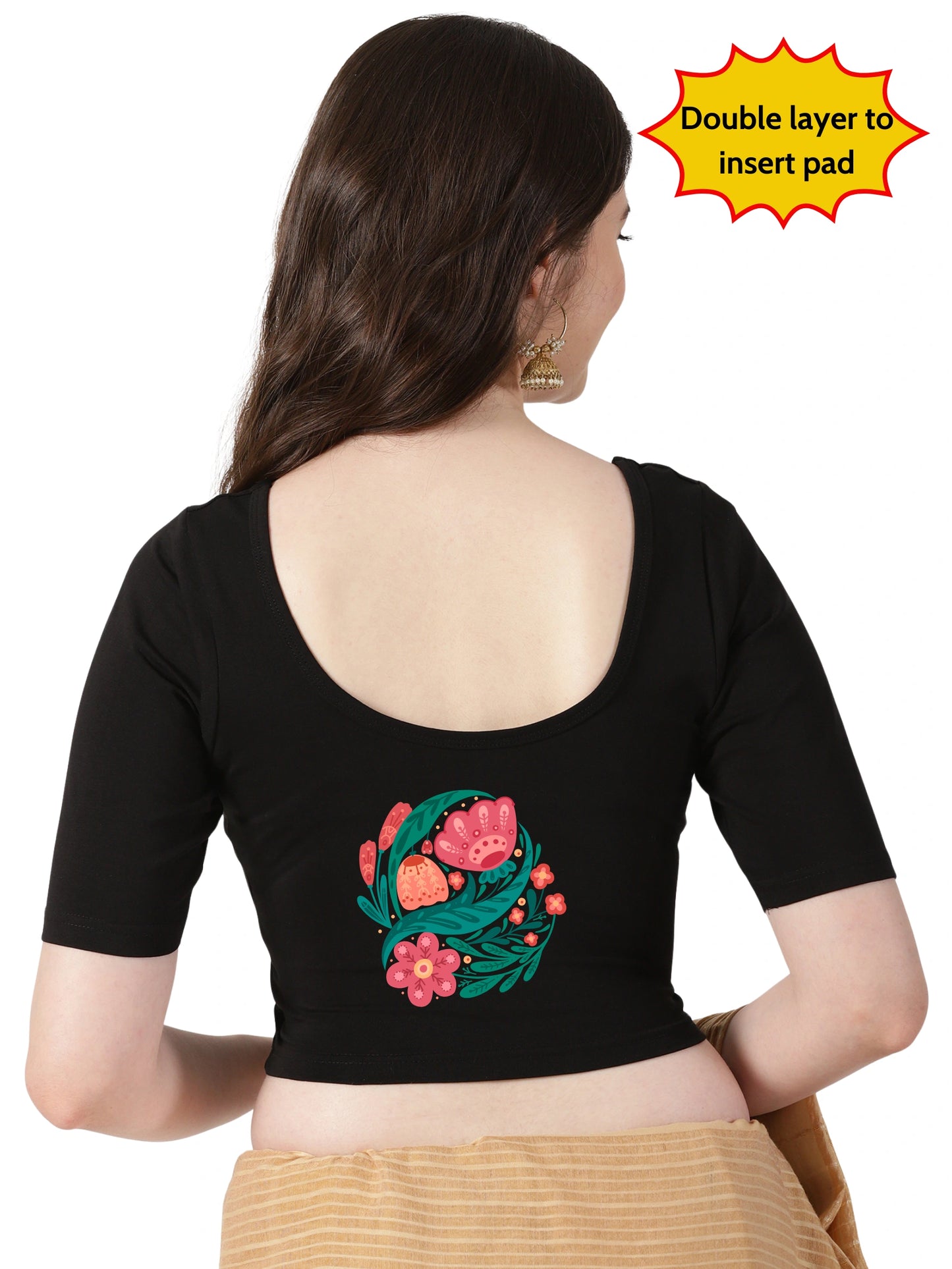 Women Front Open Back Printed Stretchable Half Sleeve Blouse U0265 Black