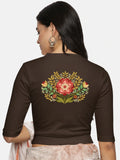 Women Back Printed Stretchable Elbow Sleeve RIB Blouse U0120 Coffee Brown