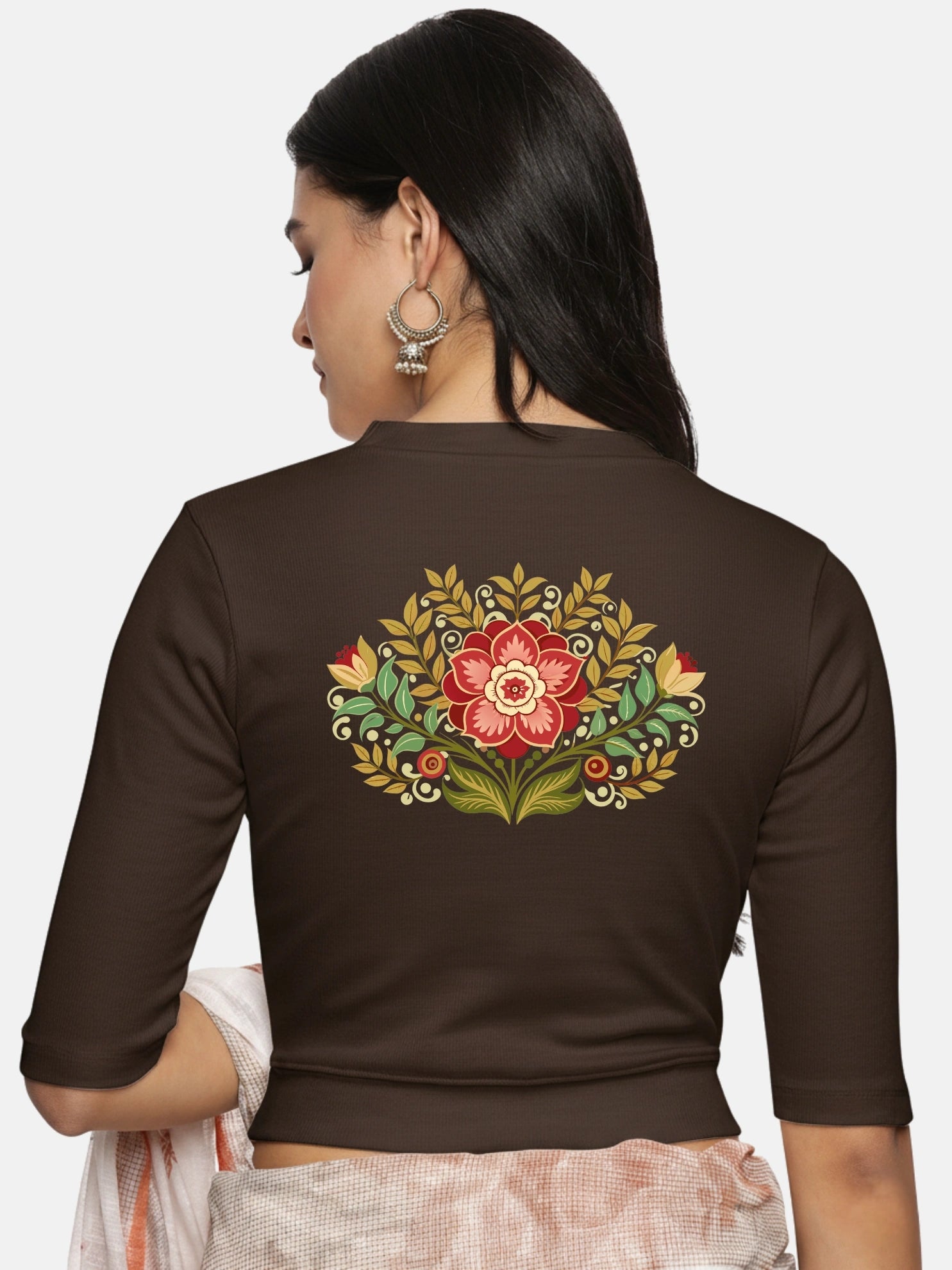 Women Back Printed Stretchable Elbow Sleeve RIB Blouse U0120 - notyetbyus