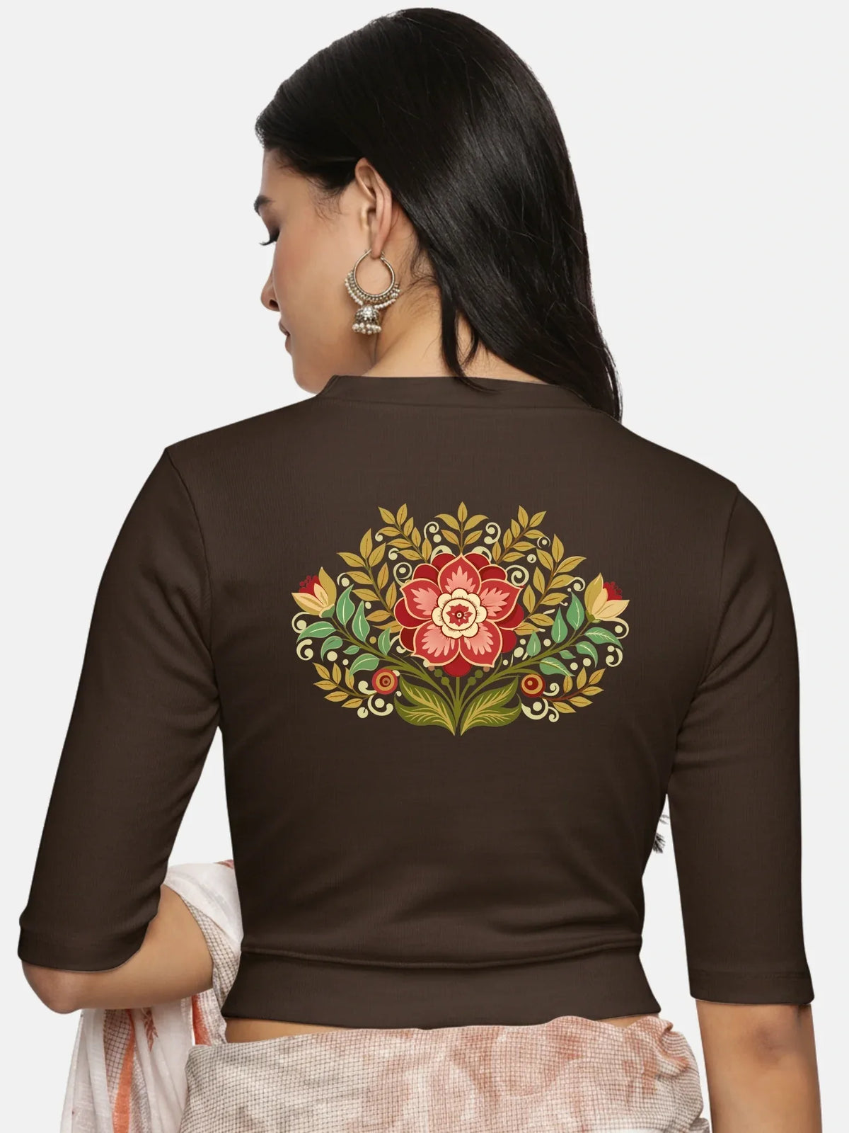 Women Back Printed Stretchable Elbow Sleeve RIB Blouse U0120 - notyetbyus
