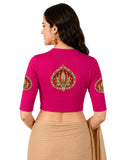 Women Mandarin Collar Back Printed Stretchable Elbow Sleeve Blouse U0269 Rani Pink