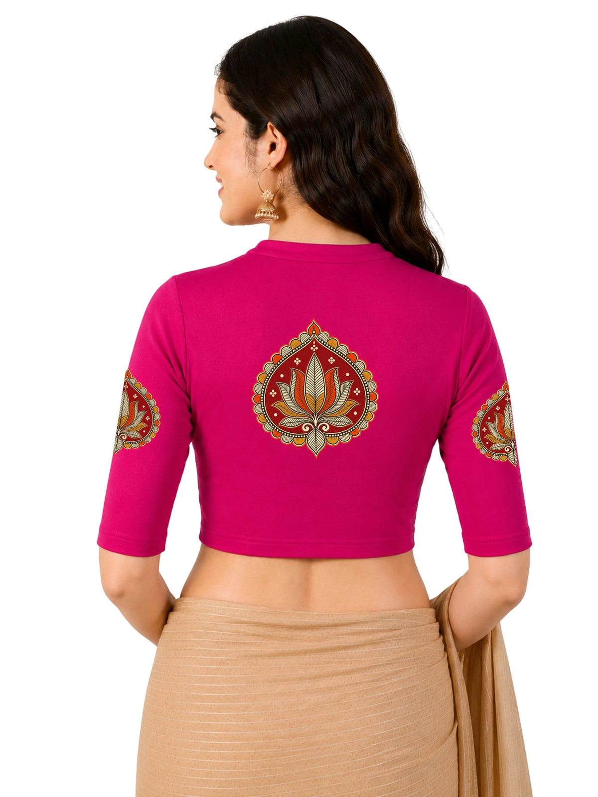 Women Mandarin Collar Back Printed Stretchable Elbow Sleeve Blouse U0269 Rani Pink