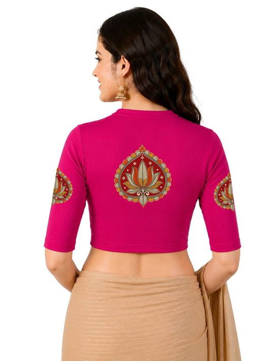 Women Mandarin Collar Back Printed Stretchable Elbow Sleeve Blouse U0269 Rani Pink