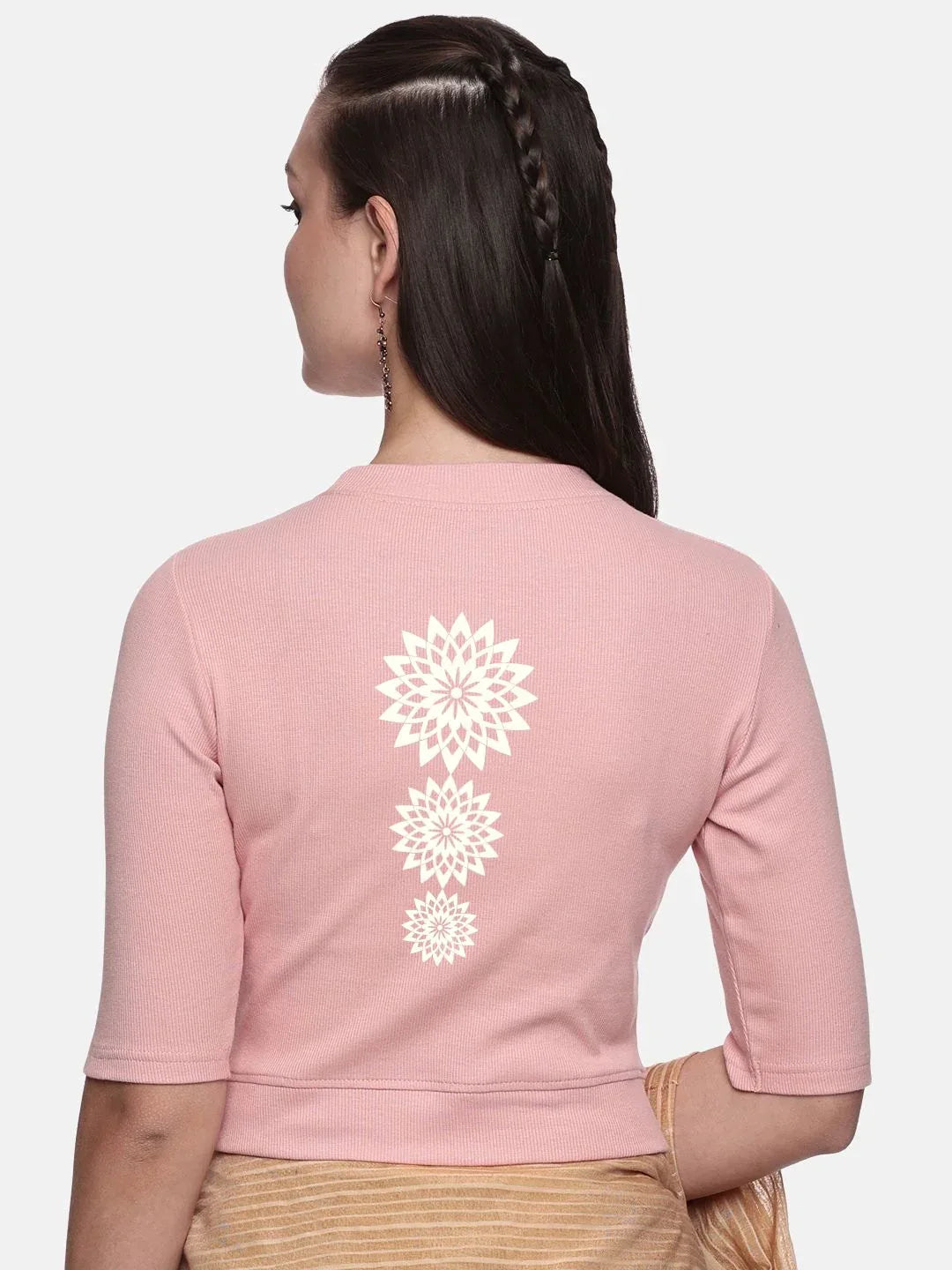 Women Back Printed Stretchable Elbow Sleeve RIB Blouse U0170 - notyetbyus