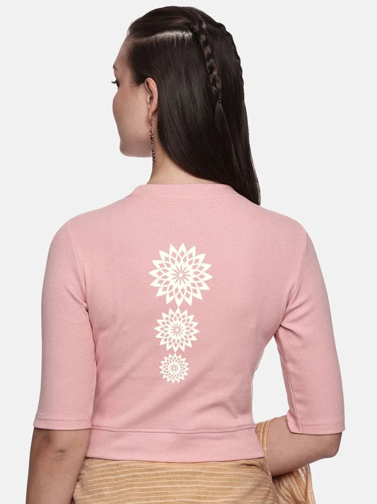 Women Back Printed Stretchable Elbow Sleeve RIB Blouse U0170 - notyetbyus