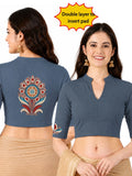 Women Mandarin Collar Back Printed Stretchable Elbow Sleeve Blouse U0280 Elephant Grey