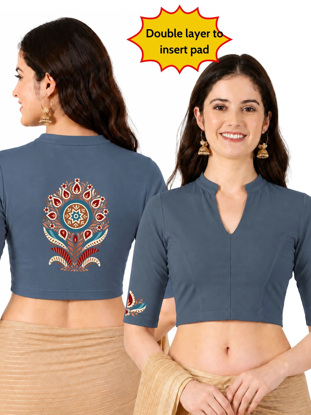 Women Mandarin Collar Back Printed Stretchable Elbow Sleeve Blouse U0280 Elephant Grey