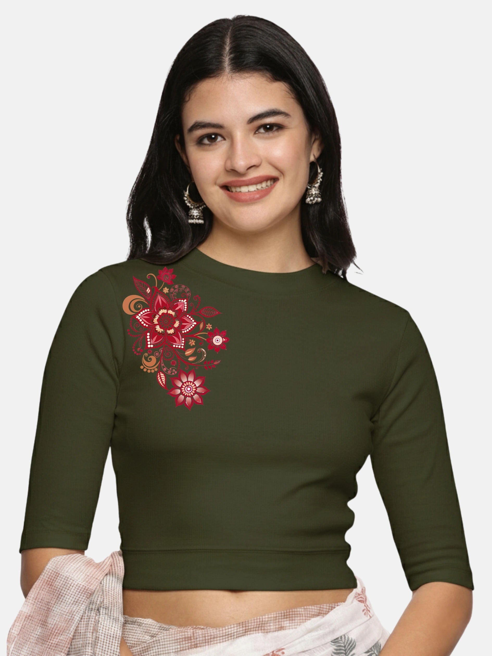 Women Back Printed Stretchable Elbow Sleeve RIB Blouse U0122 - notyetbyus