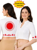 Women Mandarin Collar Back Printed Stretchable Elbow Sleeve Blouse U0274 White