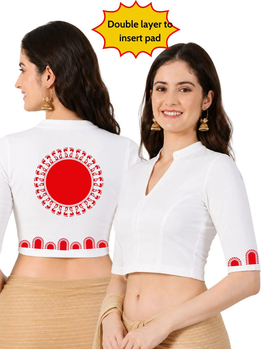 Women Mandarin Collar Back Printed Stretchable Elbow Sleeve Blouse U0274 White