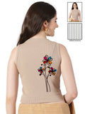 Women Back Printed Stretchable Sleeveless Close Neck RIB Blouse U0234 Chikoo