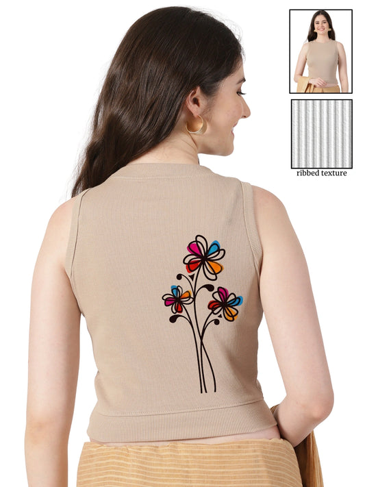 Women Back Printed Stretchable Sleeveless Close Neck RIB Blouse U0234 Chikoo