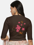 Women Back Printed Stretchable Elbow Sleeve RIB Blouse U0113 Coffee Brown