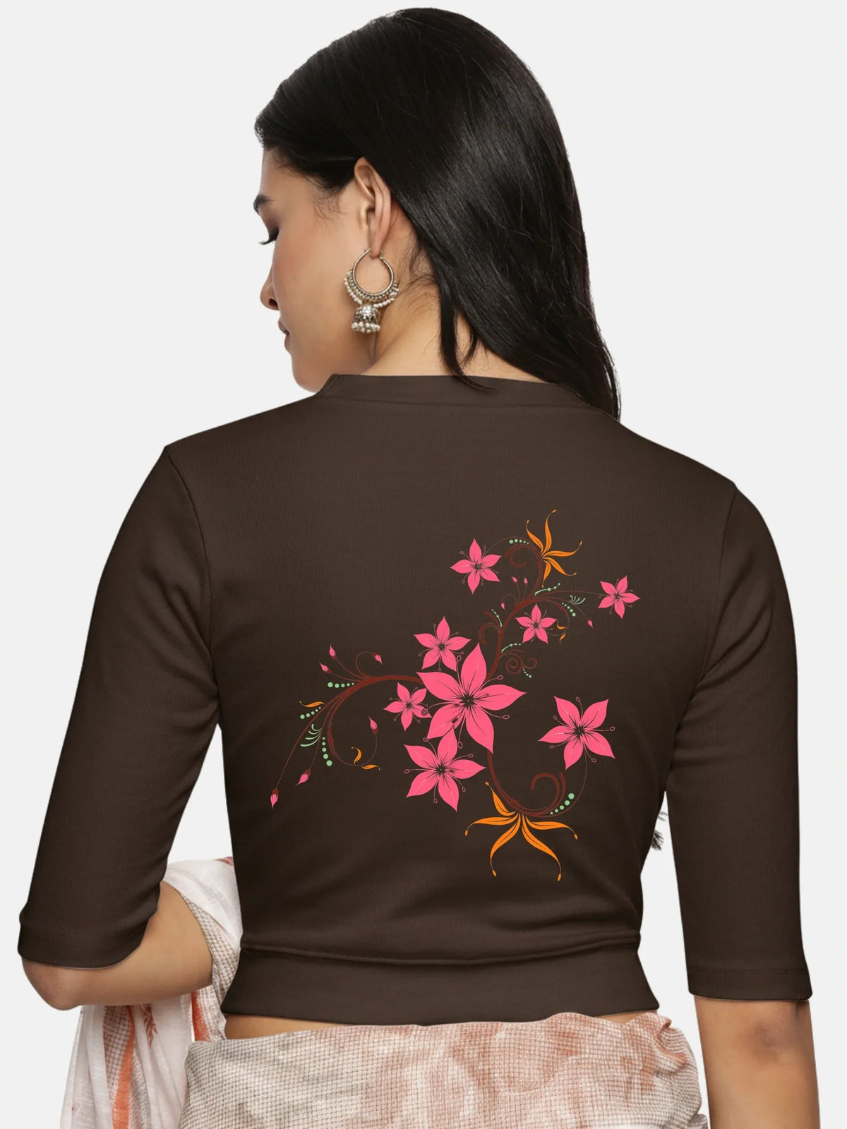 Women Back Printed Stretchable Elbow Sleeve RIB Blouse U0113 - notyetbyus