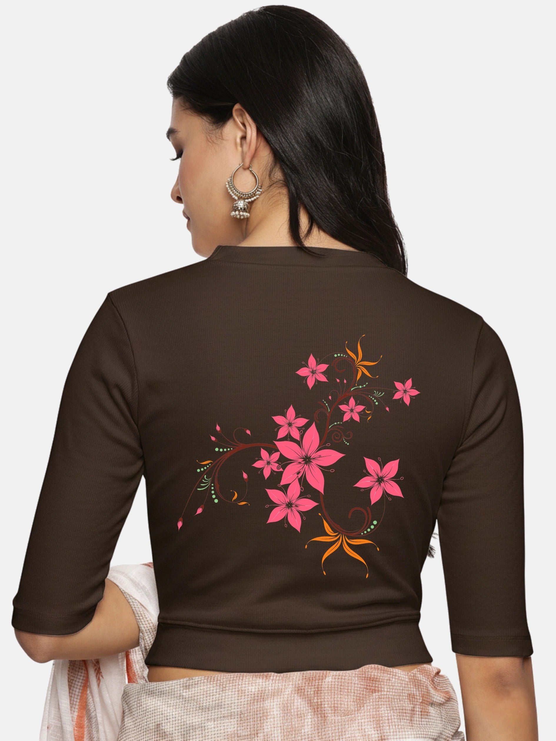 Women Back Printed Stretchable Elbow Sleeve RIB Blouse U0113 - notyetbyus