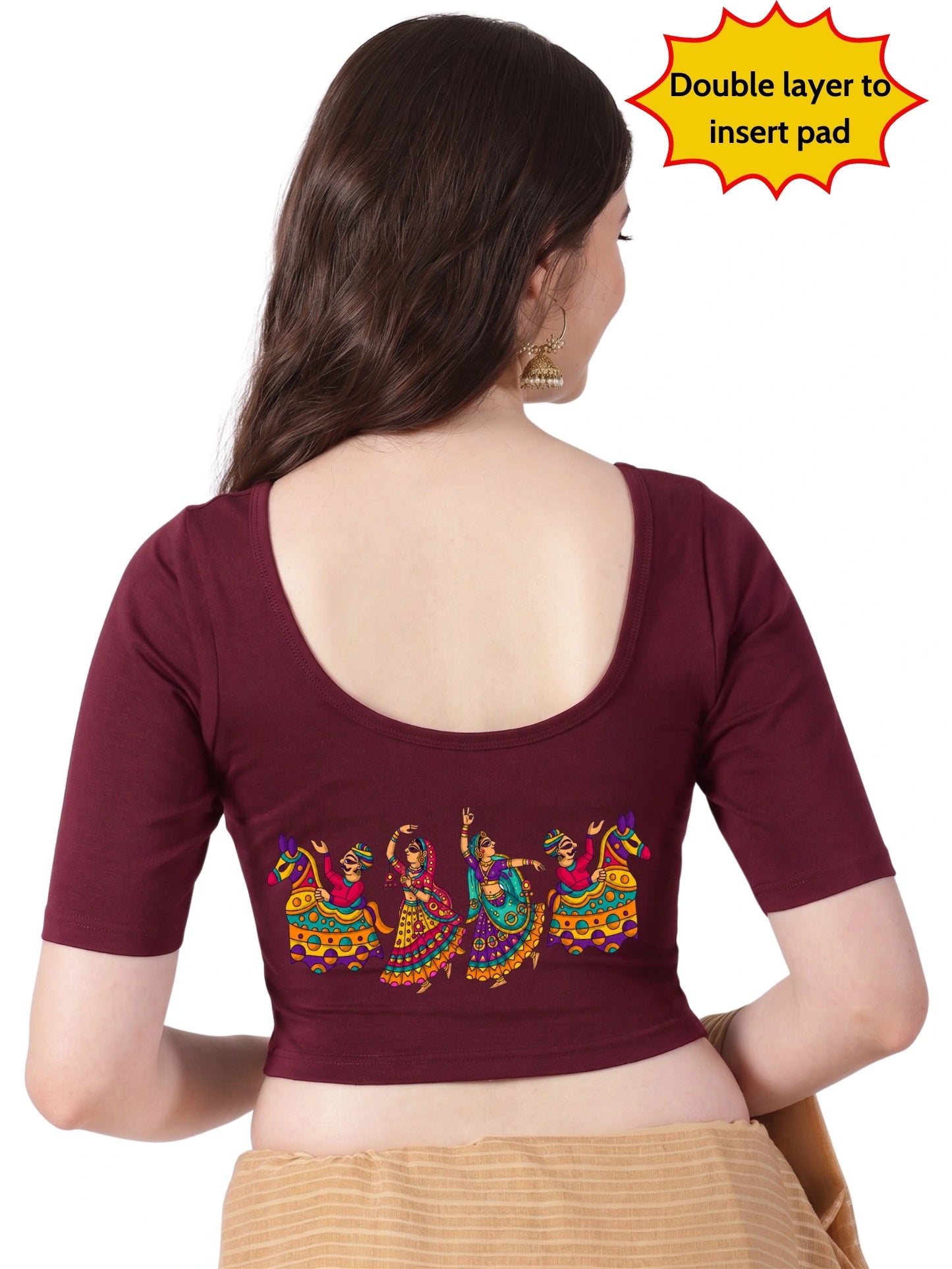 Women Front Open Back Printed Stretchable Half Sleeve Blouse U0260 Maroon