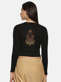 Women Back Printed Stretchable Full Sleeve V Neck RIB Blouse U0190 Black