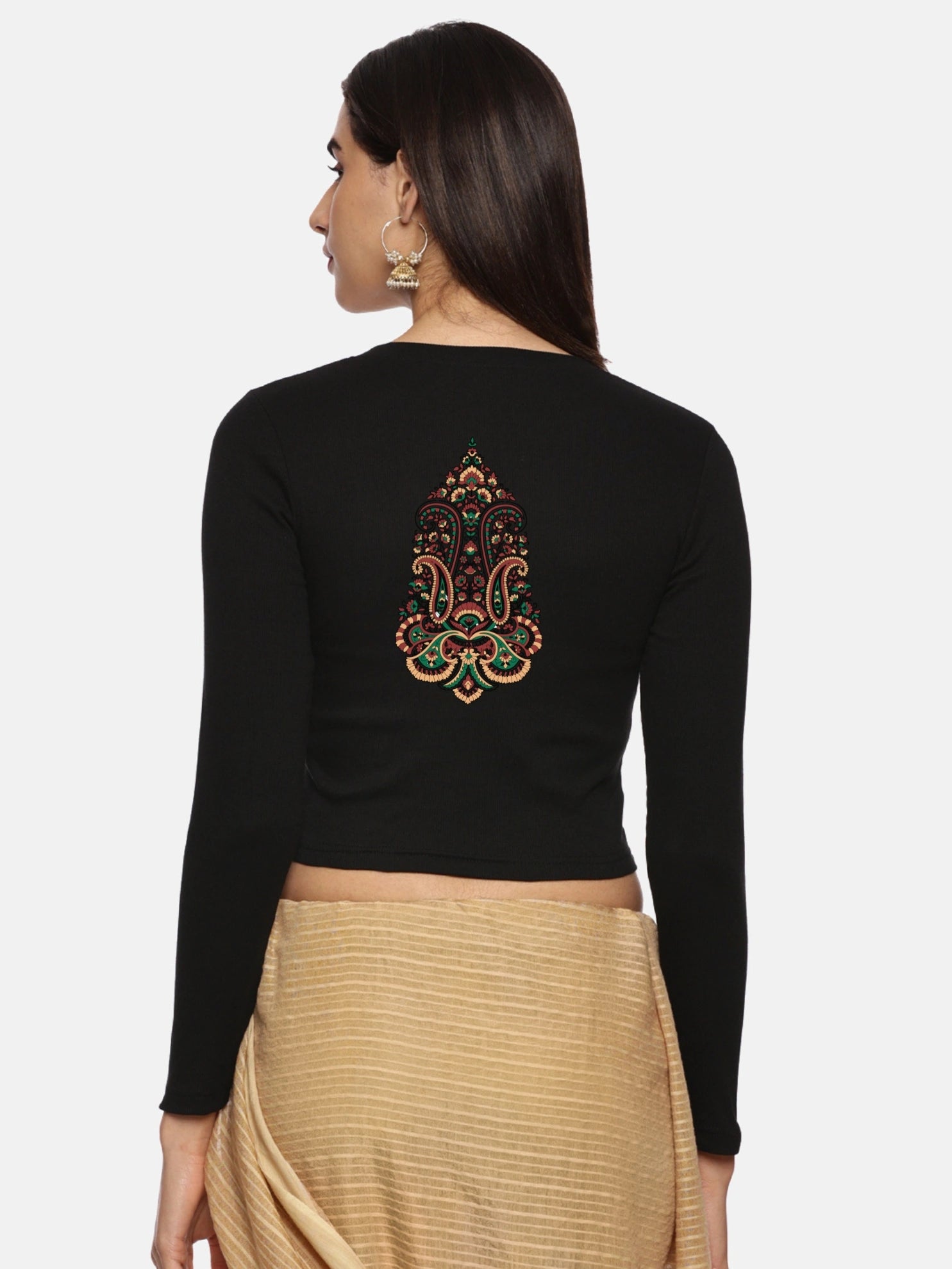 Women Back Printed Stretchable Full Sleeve V Neck RIB Blouse U0190