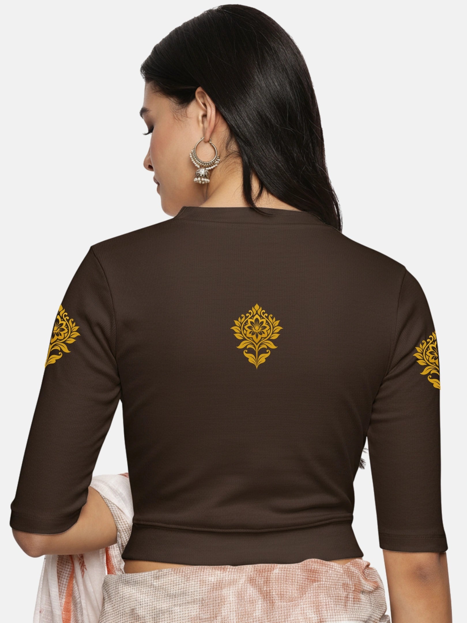 Women Back Printed Stretchable Elbow Sleeve RIB Blouse U0116 - notyetbyus