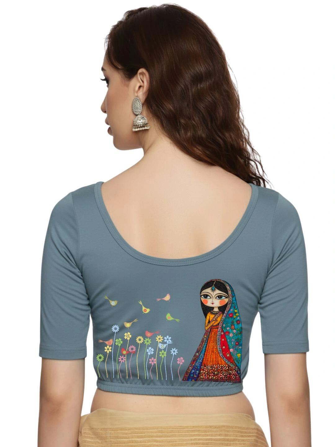 Women Back Printed Stretchable Half Sleeve Blouse U0223 Elephant Grey